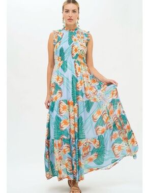 Oliphant Palmetto blue large smocked sleeveless maxi dress $358 retail
